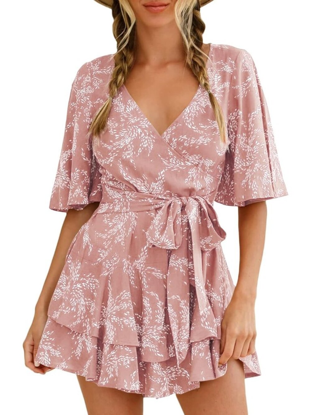 Women's Pink Short Flared Sleeve V Neck Floral Print Waist Tie Romper